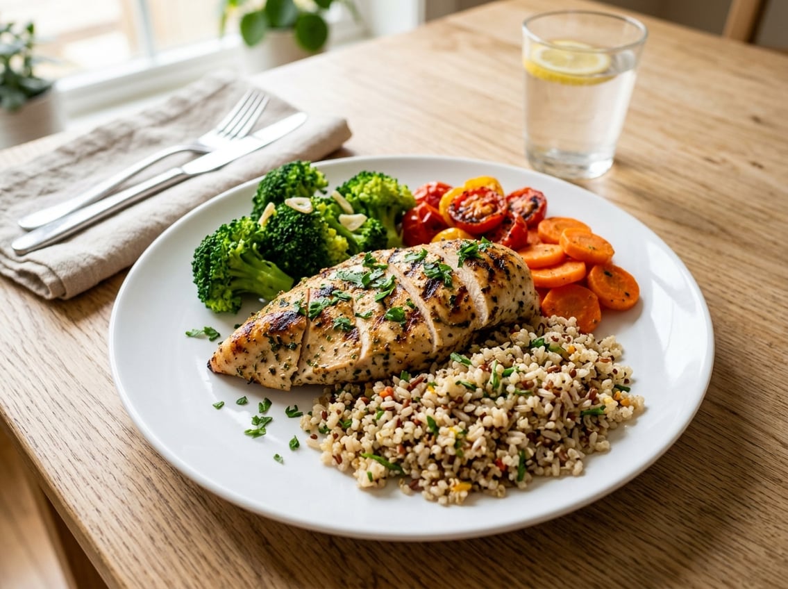 A plate with grilled chicken breast, steamed vegetables, and whole grains on a wooden table with a glass of water in the background.