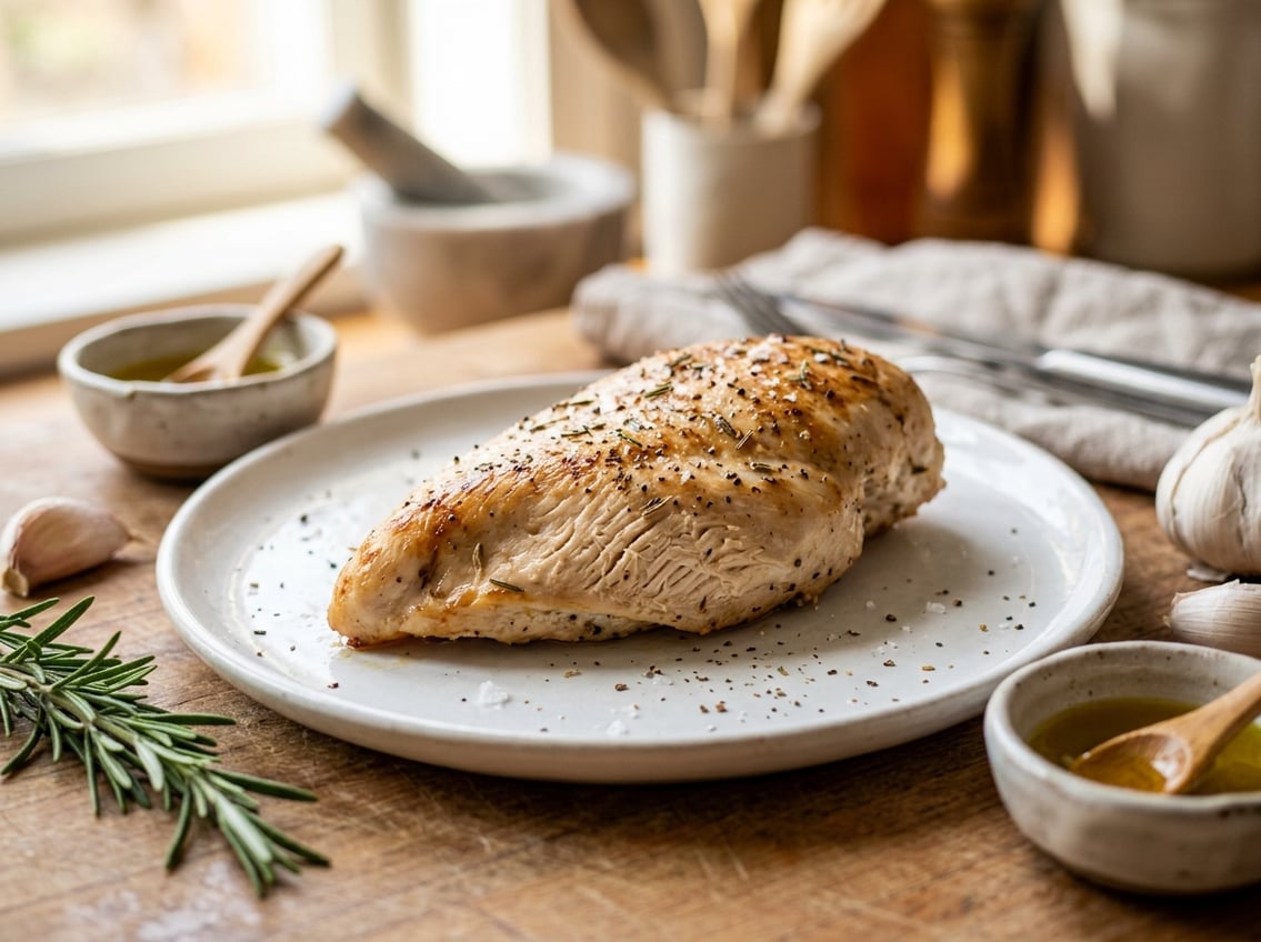 Close-up of a cooked chicken breast on a plate with fresh herbs and garlic in the background.