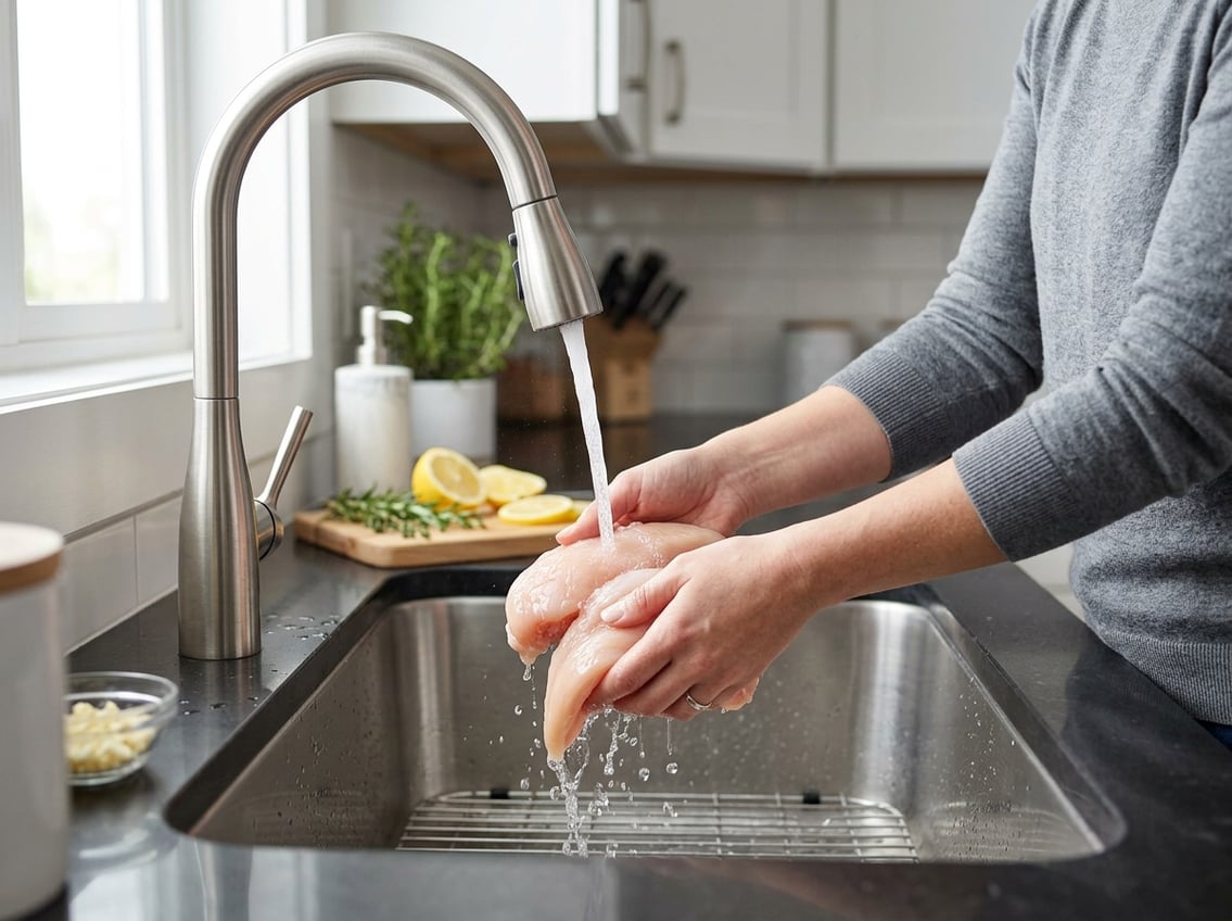 Hands washing raw chicken breasts under running water in a kitchen sink with fresh vegetables nearby.