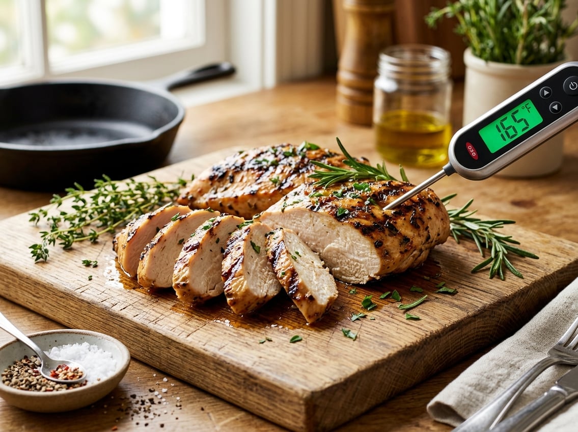 Close-up of a sliced cooked chicken breast on a cutting board with a meat thermometer inserted, surrounded by fresh herbs and seasoning.
