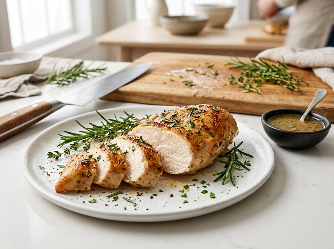 Sliced cooked chicken breast garnished with fresh herbs on a white plate with a bowl of sauce and a knife on a wooden cutting board in a bright kitchen.
