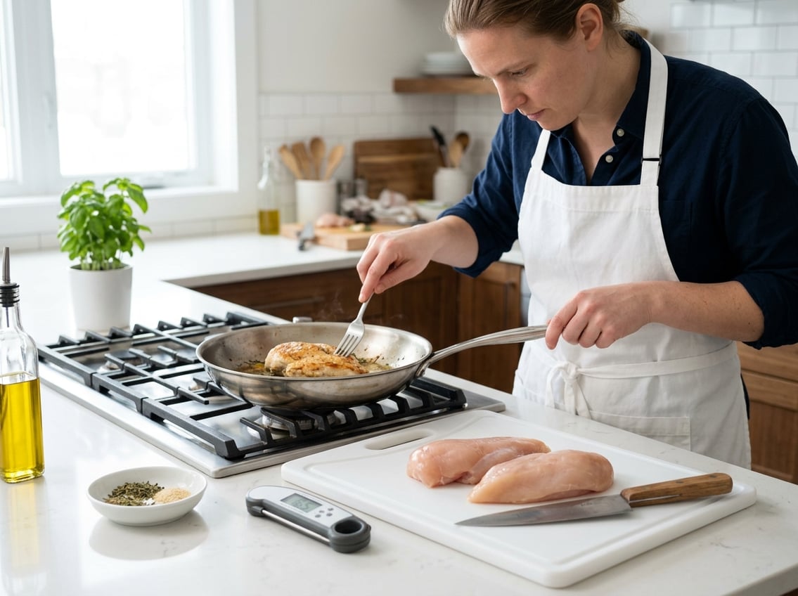 A person testing the tenderness of a cooked chicken breast on a cutting board in a kitchen with cooking tools nearby.