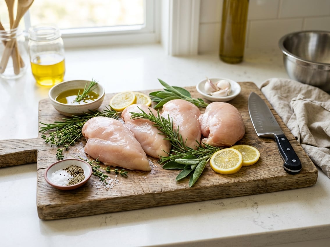 Fresh raw chicken breasts on a wooden cutting board with herbs, lemon slices, olive oil, and kitchen tools in a bright kitchen.