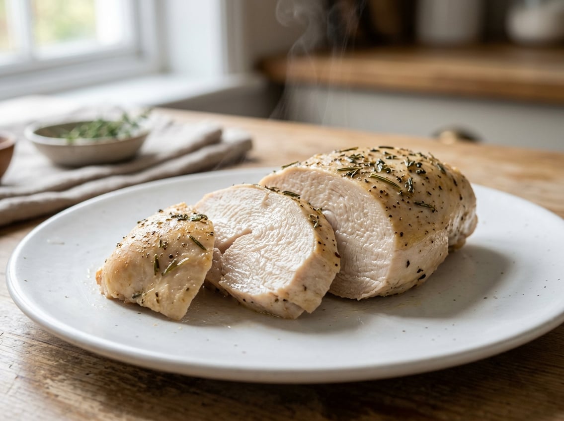 Close-up of a sliced cooked chicken breast showing a firm, dense texture on a white plate with a blurred kitchen background.