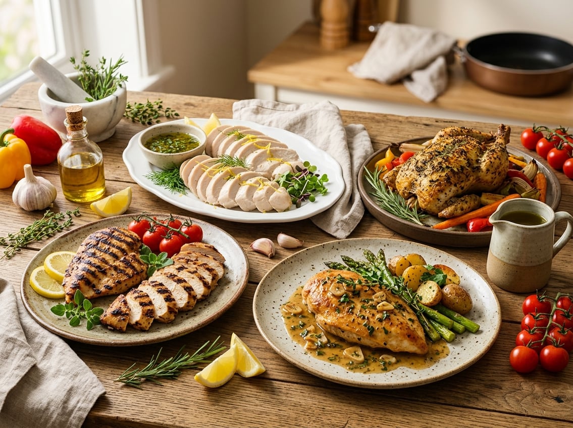 A variety of cooked chicken breast dishes prepared using different cooking methods, displayed on a wooden table with fresh herbs and vegetables.