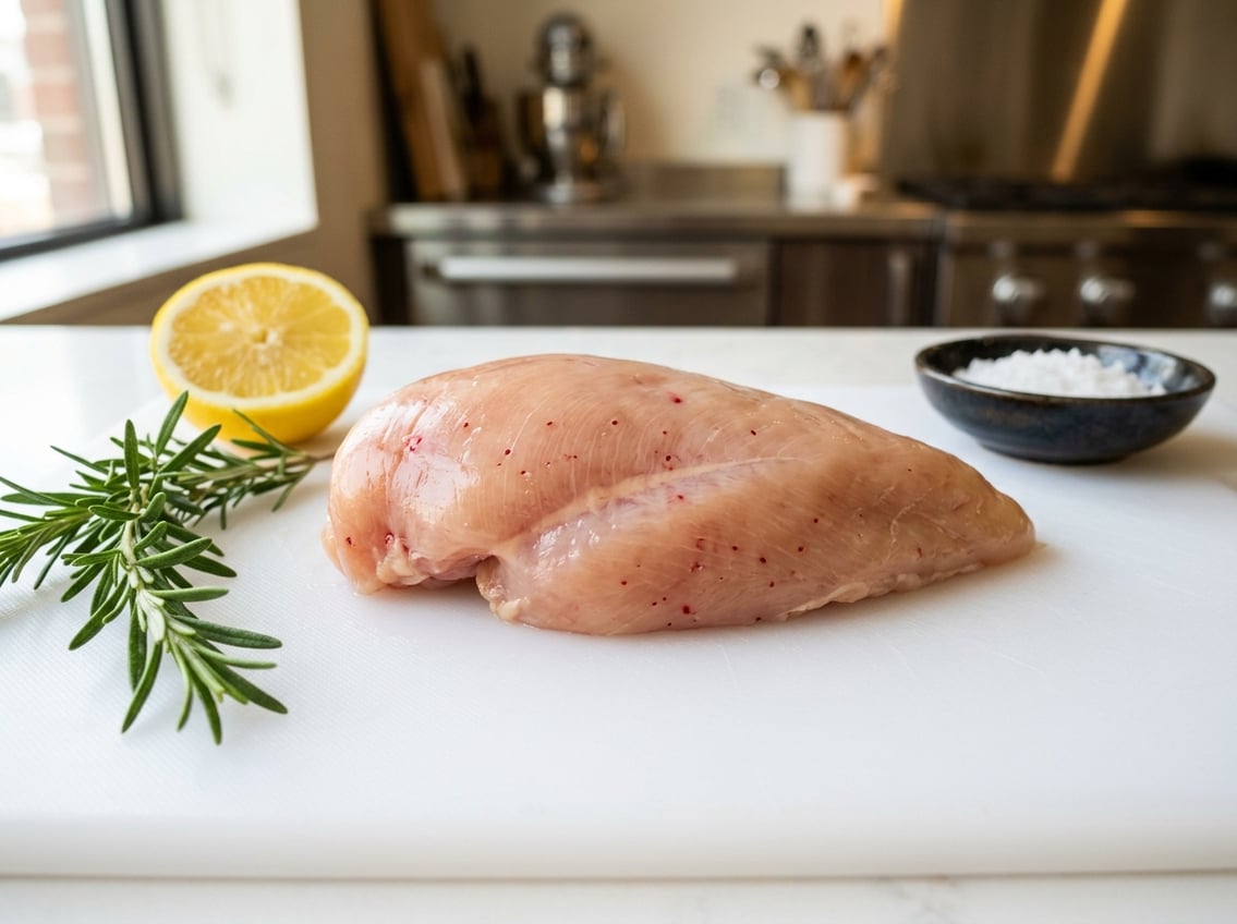 Close-up of a raw chicken breast with small red spots on a white cutting board surrounded by fresh herbs and lemon.