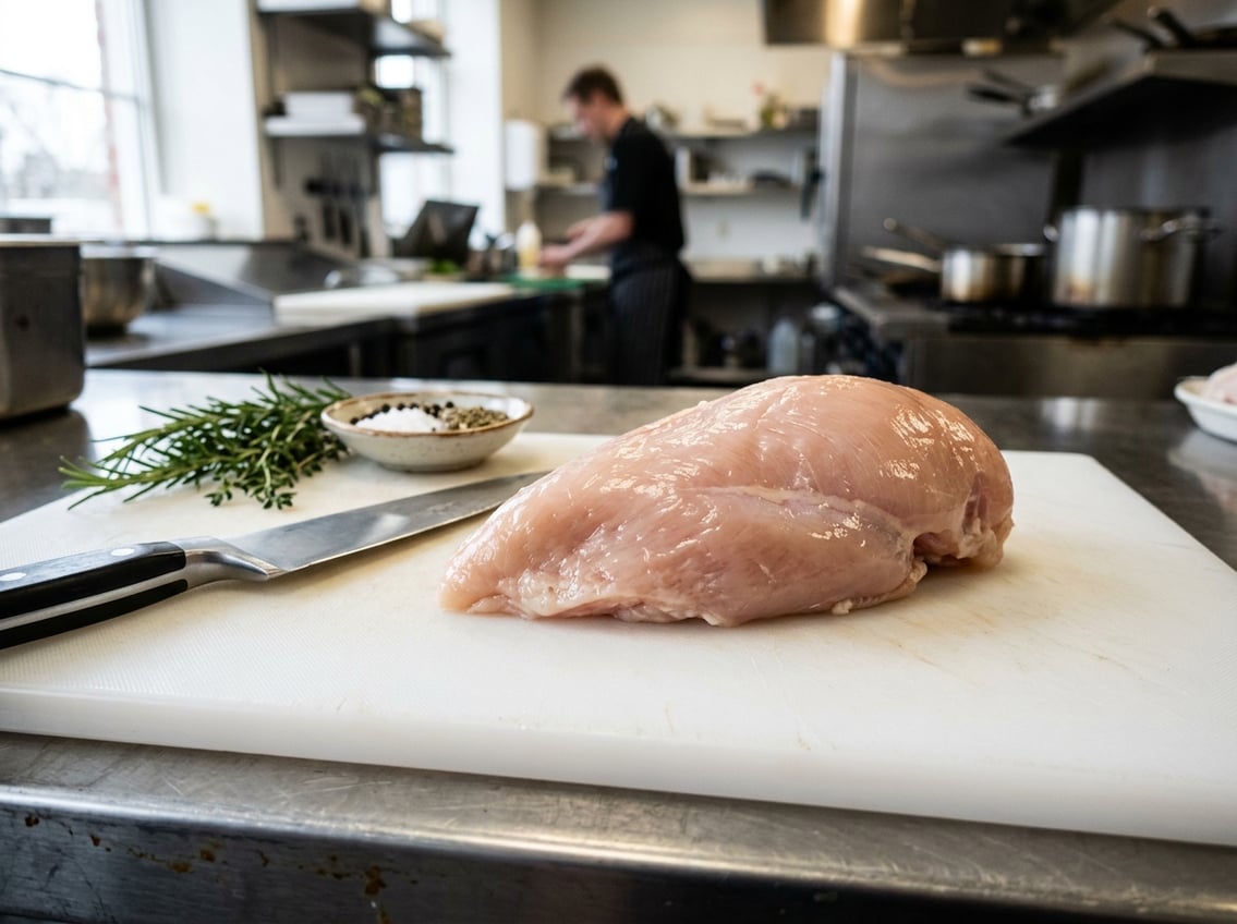 Close-up of a raw chicken breast on a white cutting board with kitchen tools and herbs nearby.