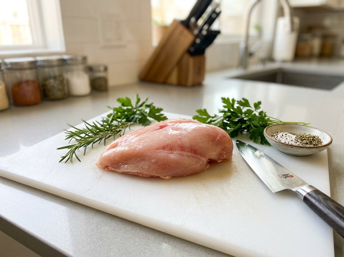 Close-up of a raw chicken breast with slight traces of blood on a cutting board in a kitchen, surrounded by herbs and a knife.