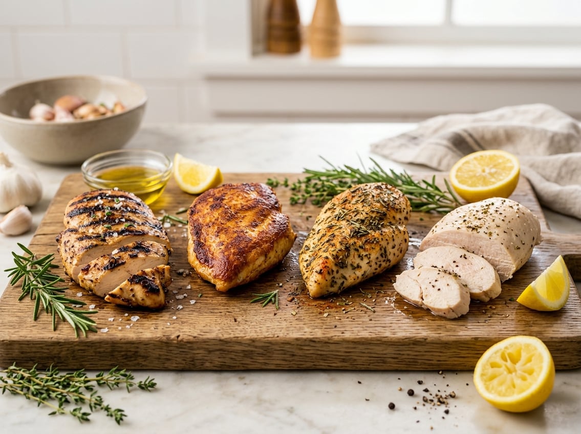A kitchen scene displaying several cooked chicken breasts prepared in different ways on a wooden cutting board with fresh herbs and lemon wedges nearby.