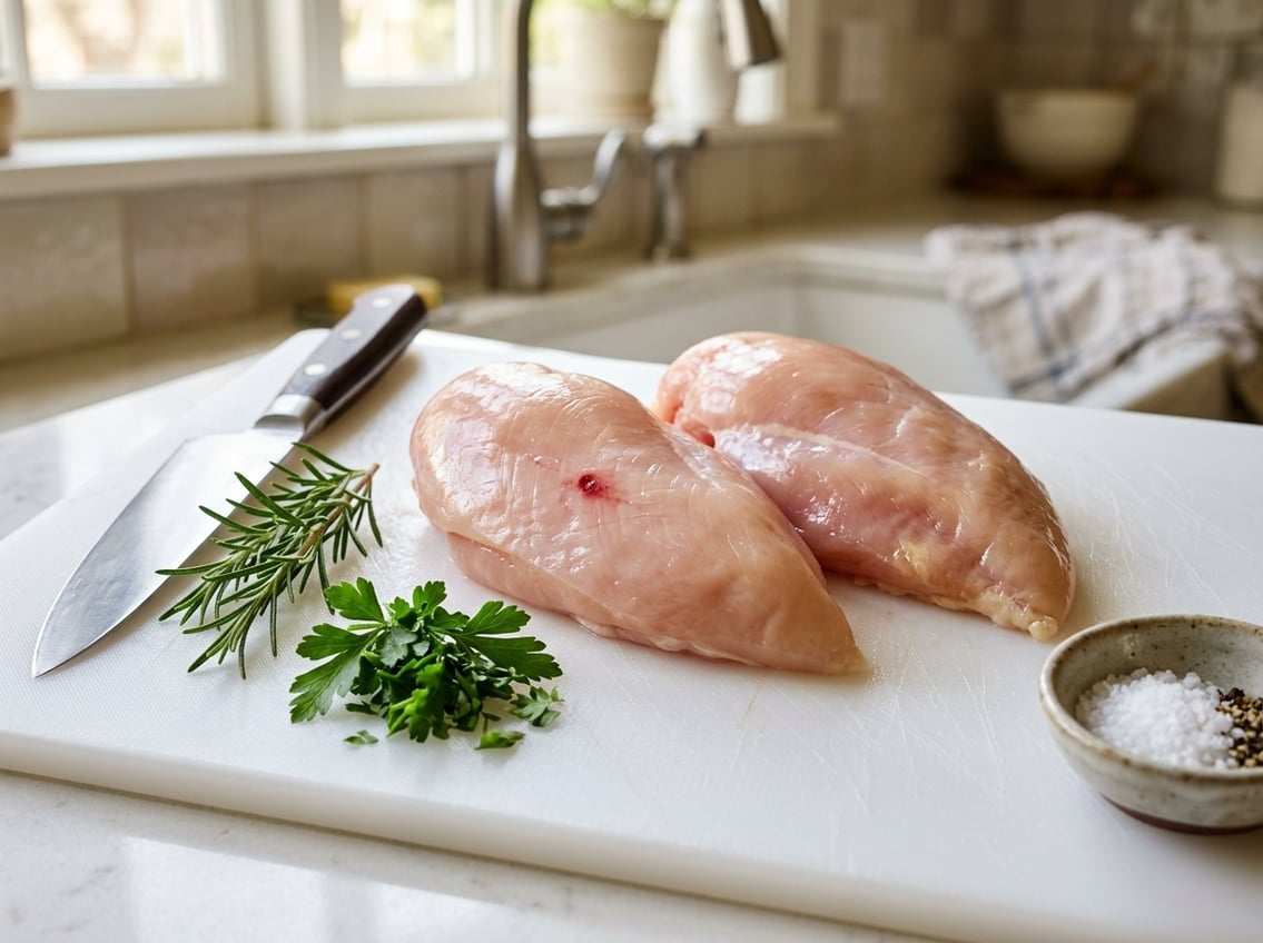 Close-up of raw chicken breasts on a cutting board with a small blood spot, fresh herbs, and a knife in a kitchen setting.