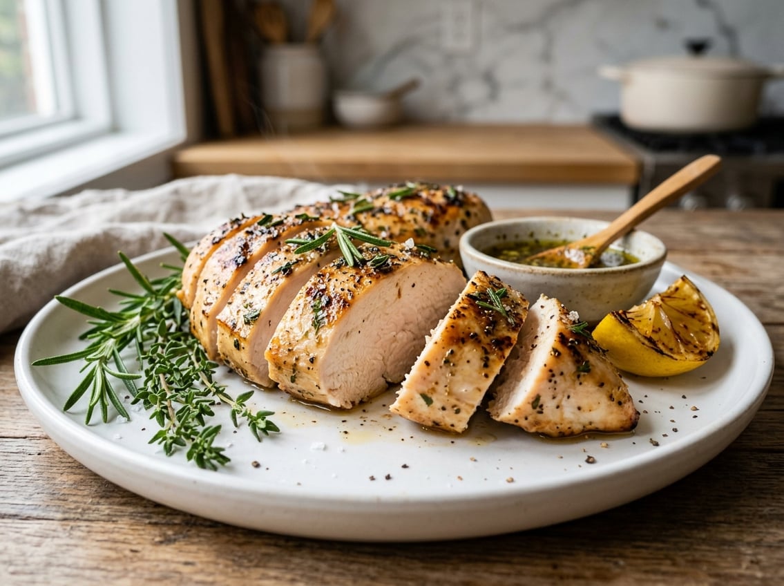 Sliced cooked chicken breast on a white plate with fresh herbs and a lemon wedge in a kitchen setting.