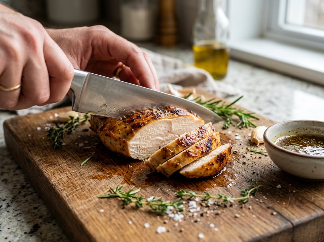 Close-up of a sliced cooked chicken breast on a wooden cutting board with fresh herbs and dipping sauce nearby.