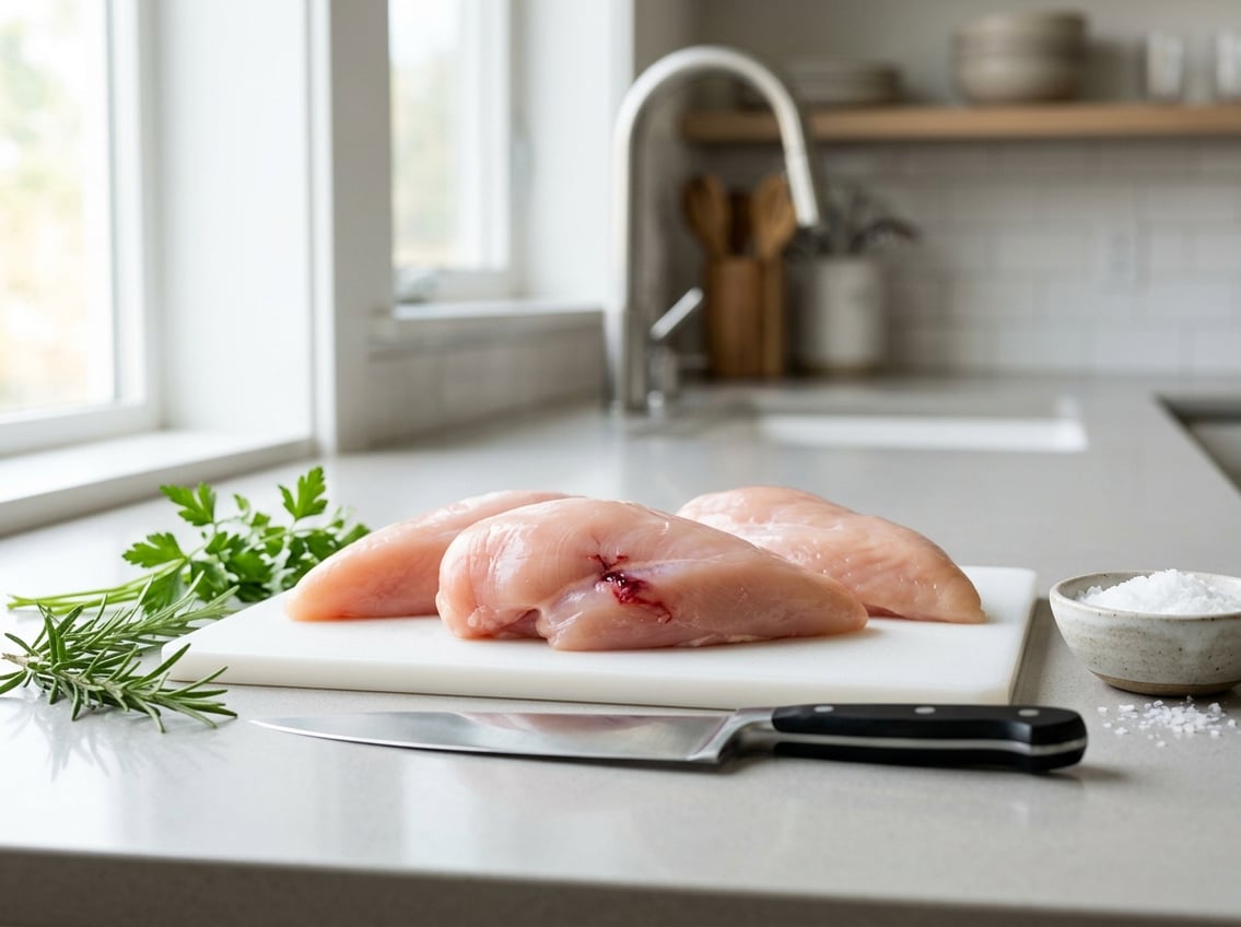 Fresh raw chicken breasts on a cutting board in a kitchen, with herbs and a knife nearby.