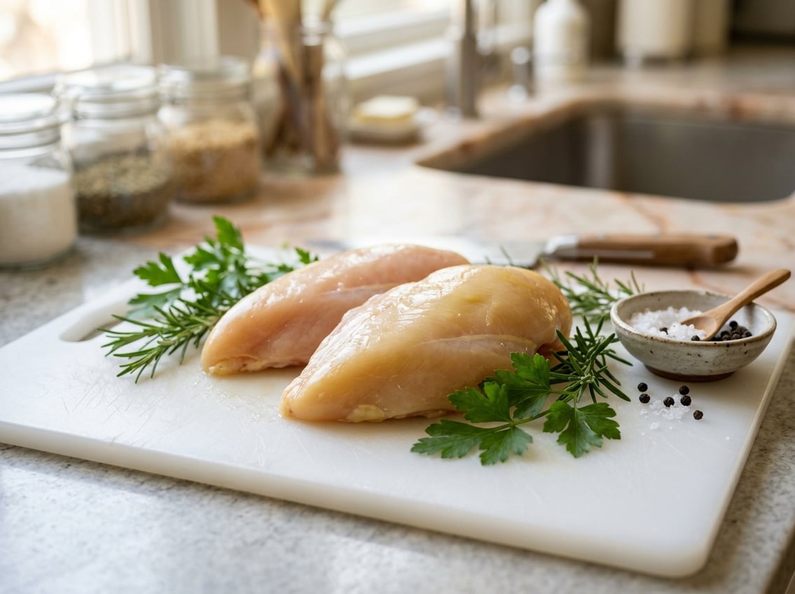 Raw chicken breasts with a slight yellow tint on a white cutting board surrounded by fresh herbs and seasoning in a kitchen setting.