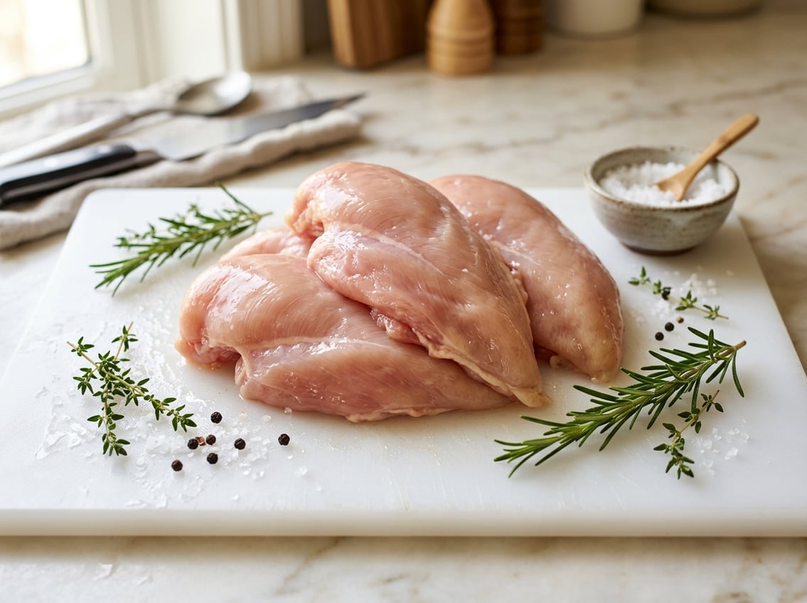 Raw chicken breast with rib meat on a cutting board surrounded by fresh herbs and spices.