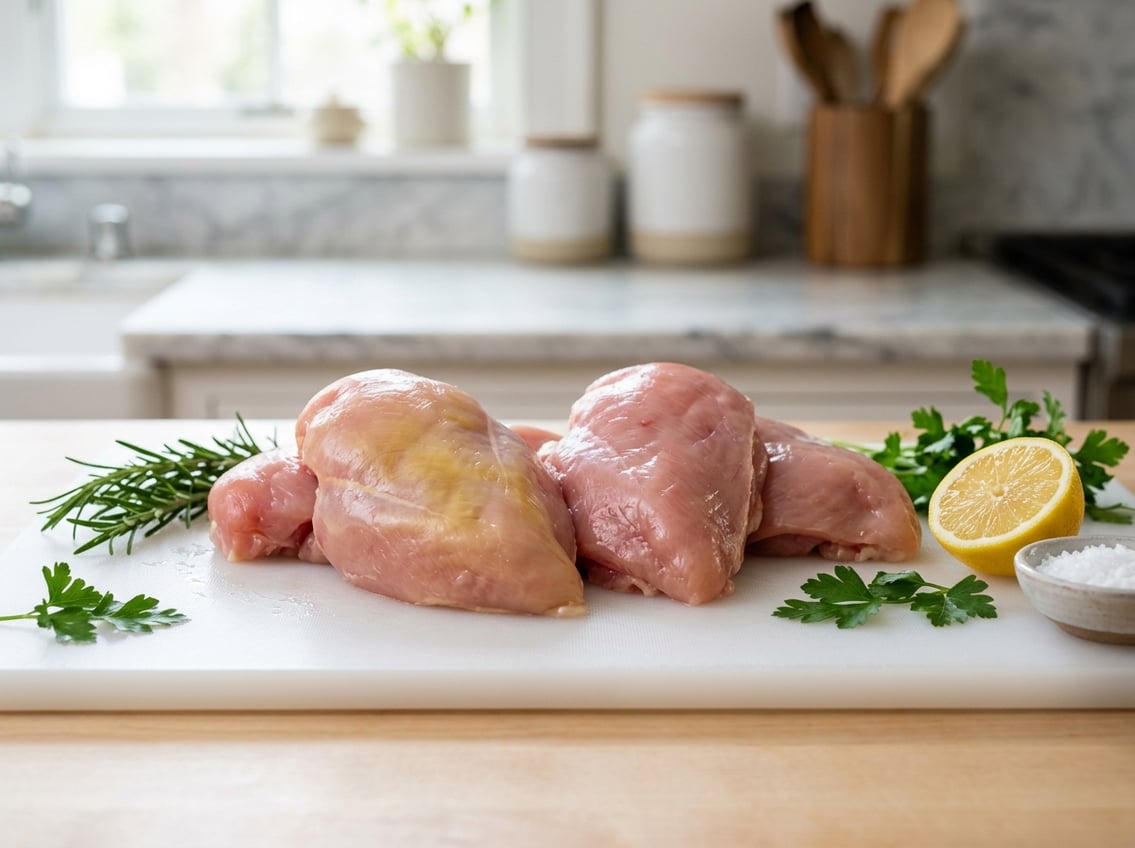 Close-up of raw chicken breasts on a white cutting board with fresh herbs and lemon in a bright kitchen.