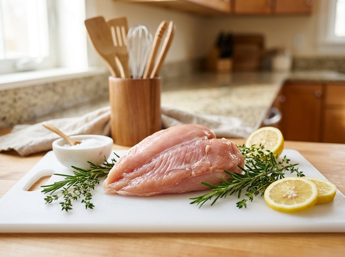 Fresh raw chicken breast with rib meat on a cutting board surrounded by herbs, lemon slices, and salt in a kitchen setting.