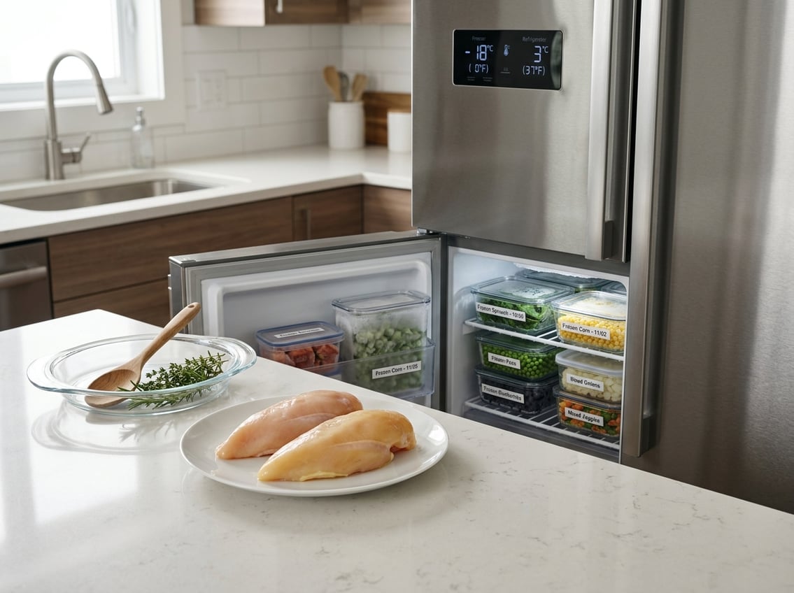Fresh raw chicken breasts with a slight yellow tint on a plate next to organized frozen food containers in a kitchen freezer.