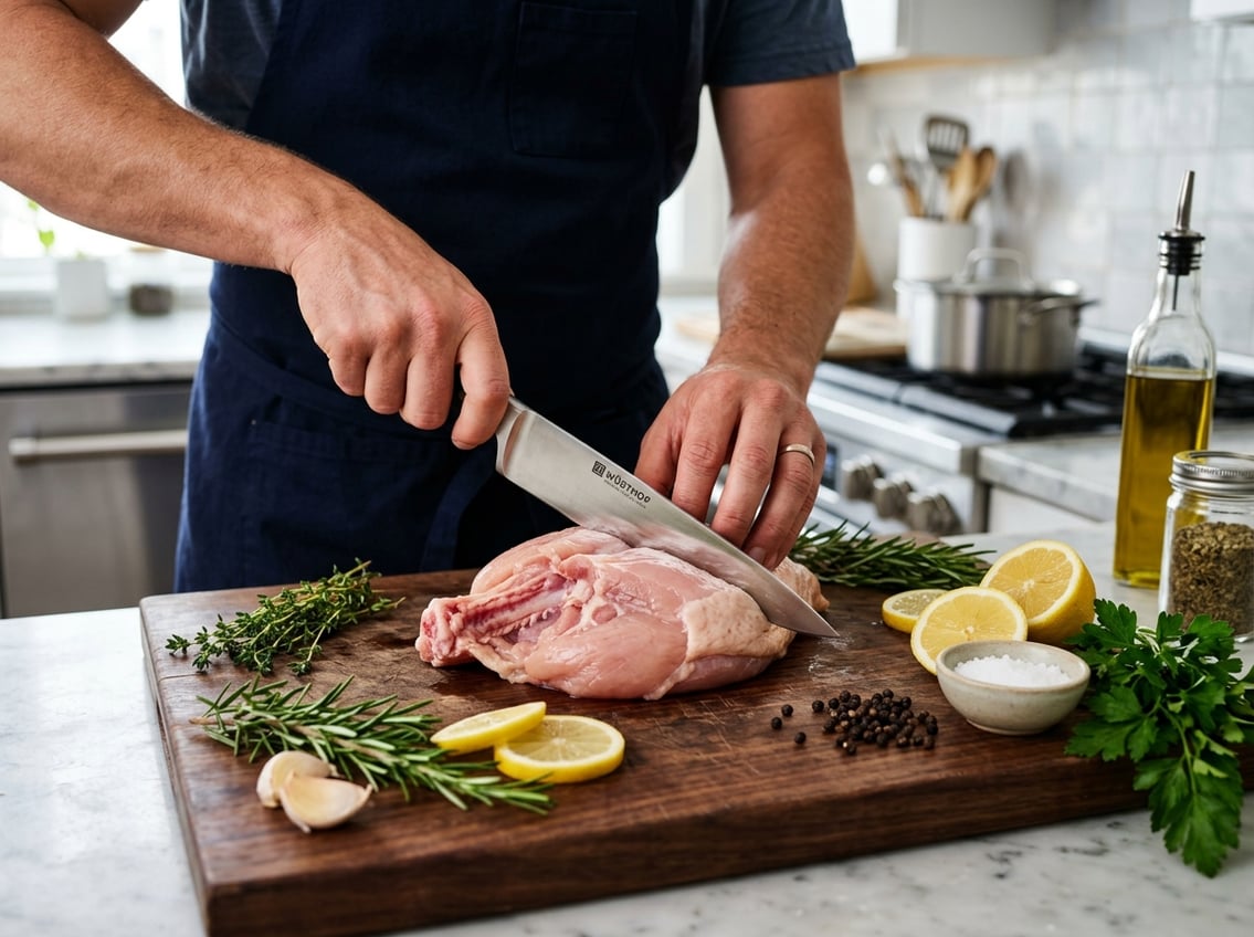 A person preparing a fresh chicken breast with rib meat on a cutting board surrounded by herbs, garlic, and lemon slices in a bright kitchen.