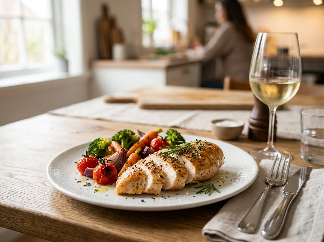 A plate with a cooked chicken breast garnished with herbs and served with roasted vegetables on a dining table.