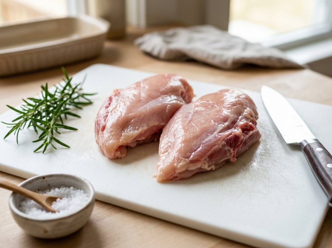 Raw chicken breast with rib meat on a white cutting board, accompanied by rosemary, sea salt, and a chef's knife.