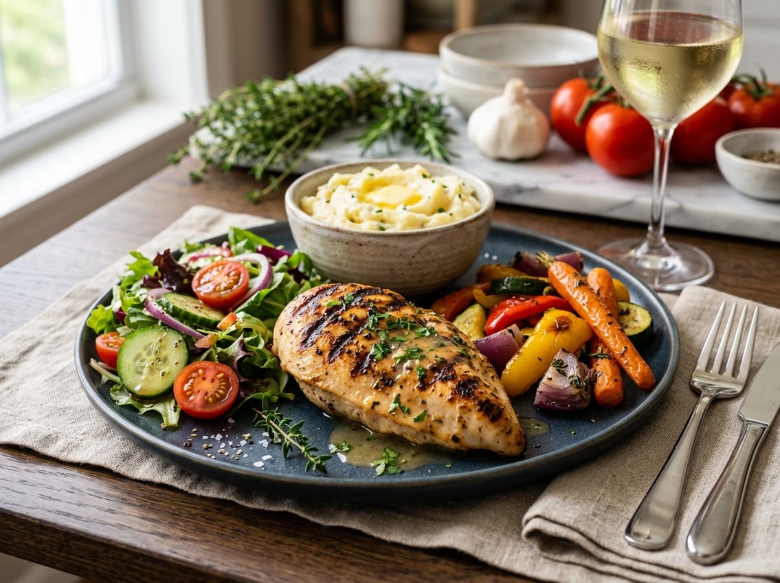 A plated dinner with a cooked chicken breast, salad, roasted vegetables, and mashed potatoes on a dining table.