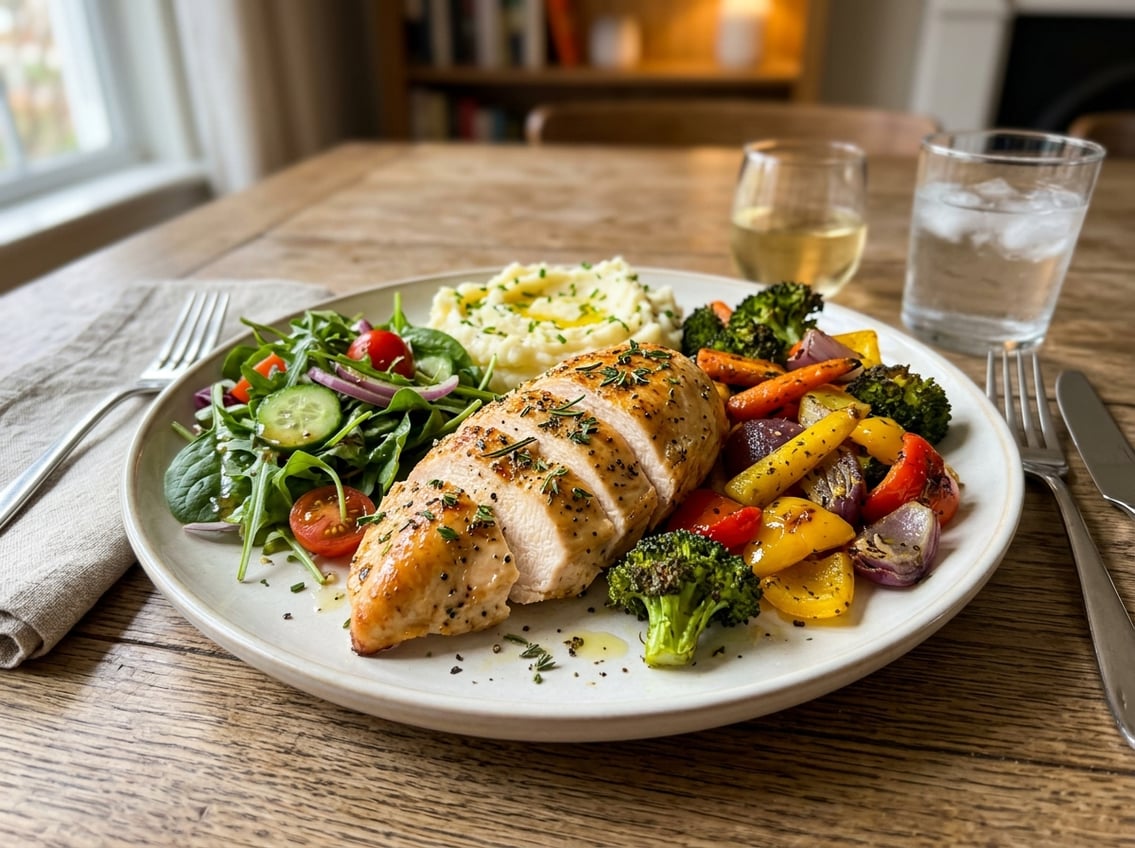 A dinner plate with cooked chicken breast, roasted vegetables, mashed potatoes, and a mixed green salad on a wooden table.