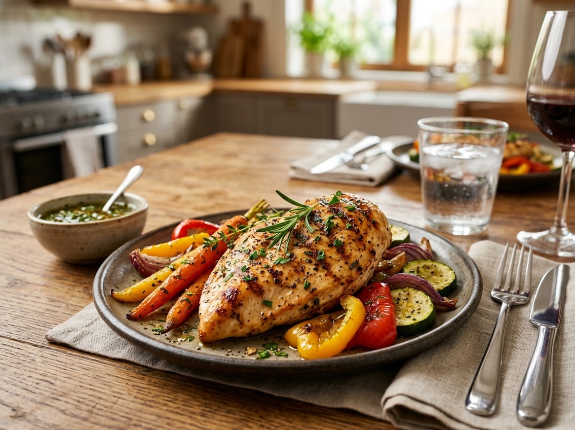 A cooked chicken breast served with roasted vegetables and fresh herbs on a dining table.