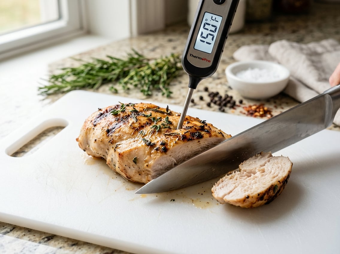 Close-up of a cooked chicken breast being sliced with a food thermometer inserted showing 150 degrees Fahrenheit, on a cutting board in a kitchen.