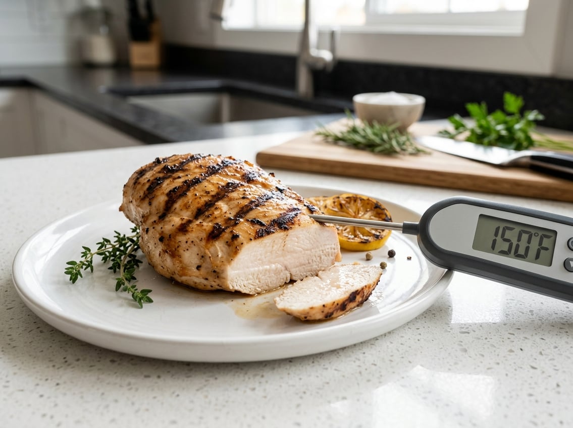 Close-up of a cooked chicken breast on a plate with a digital food thermometer showing 150 degrees Fahrenheit beside it.