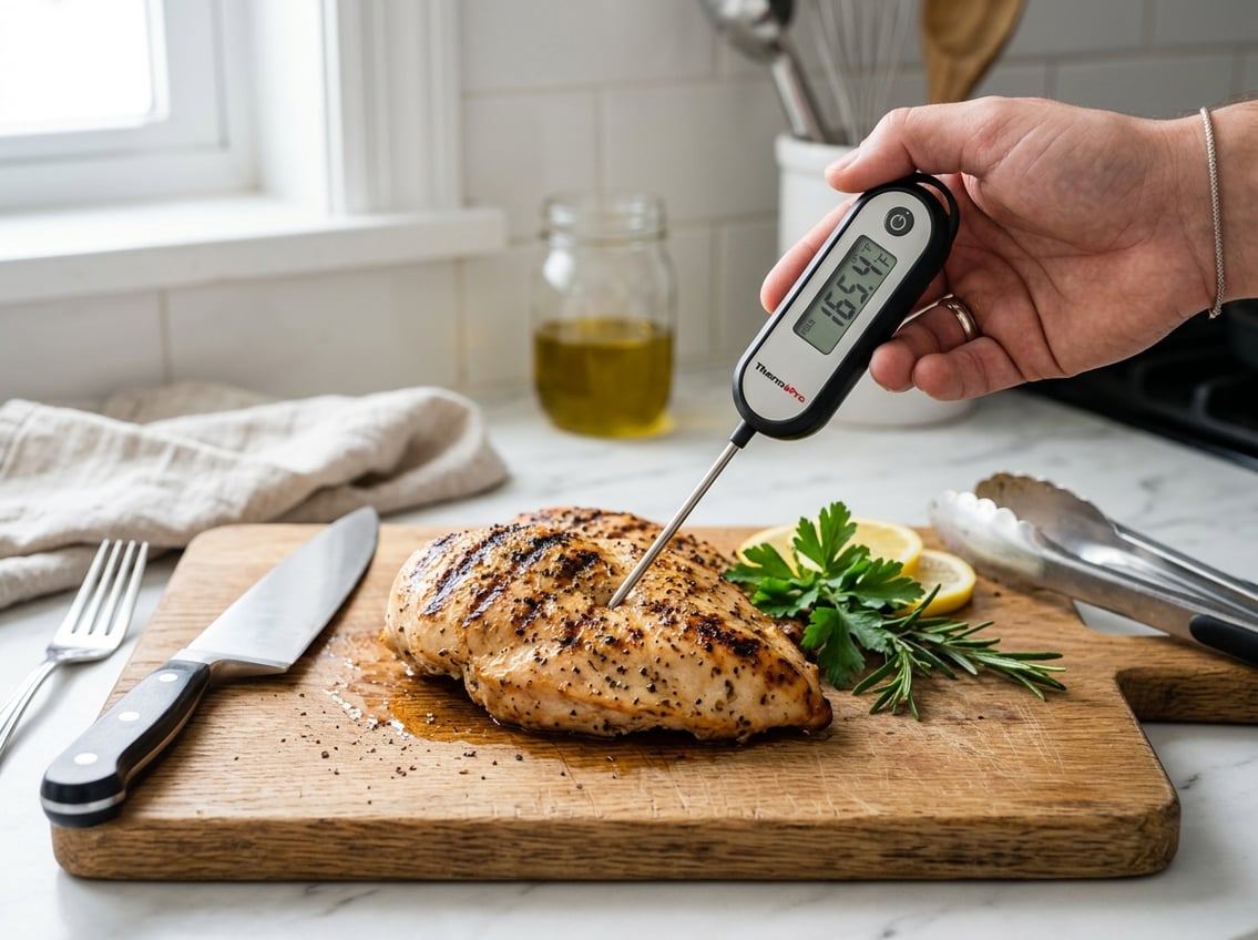 A close-up of a person measuring the temperature of a cooked chicken breast with a digital meat thermometer on a wooden cutting board.