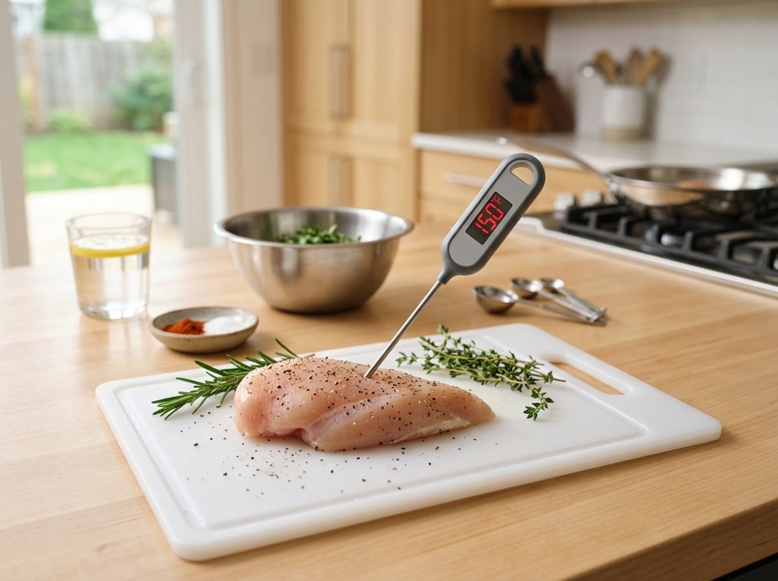 Raw chicken breast on a cutting board with a food thermometer showing 150 degrees Fahrenheit in a modern kitchen setting.