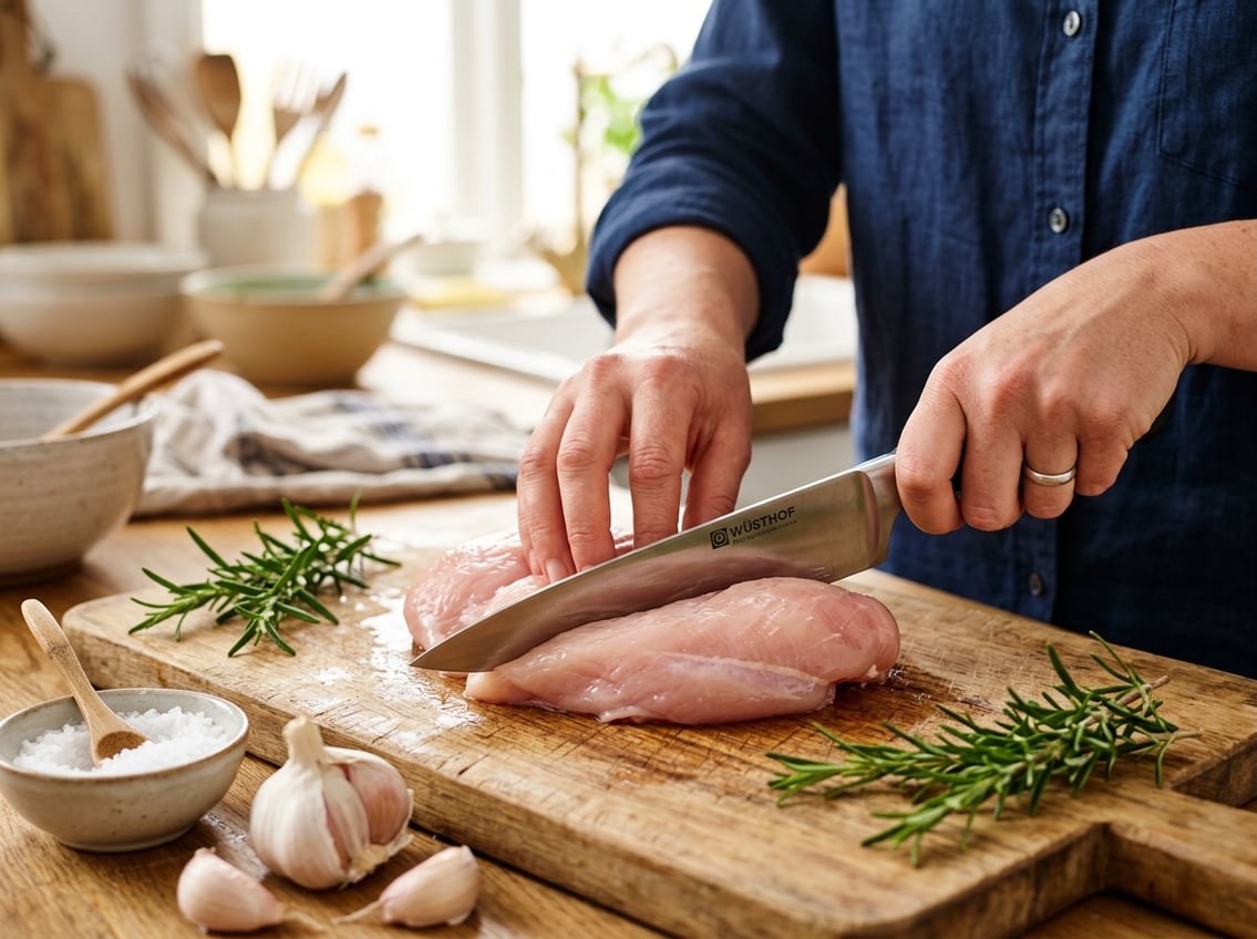 Hands slicing a raw chicken breast on a wooden cutting board with fresh herbs and garlic nearby.