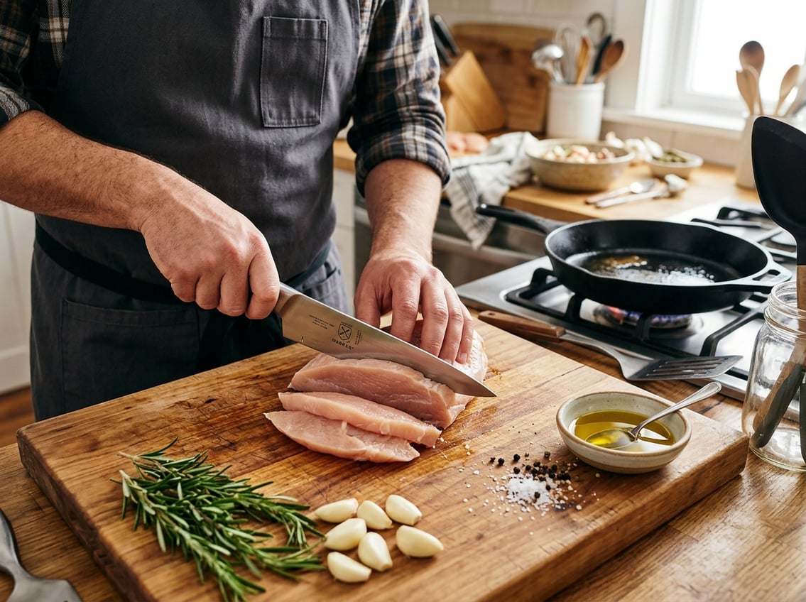 Close-up of a thick chicken breast being sliced horizontally on a wooden cutting board with fresh herbs and a frying pan in the background.