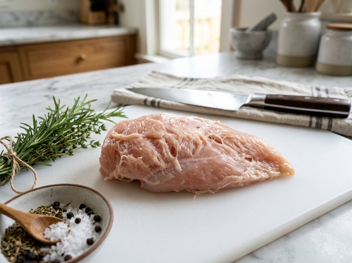 Close-up of a raw chicken breast with a stringy texture on a white cutting board surrounded by herbs and a knife.