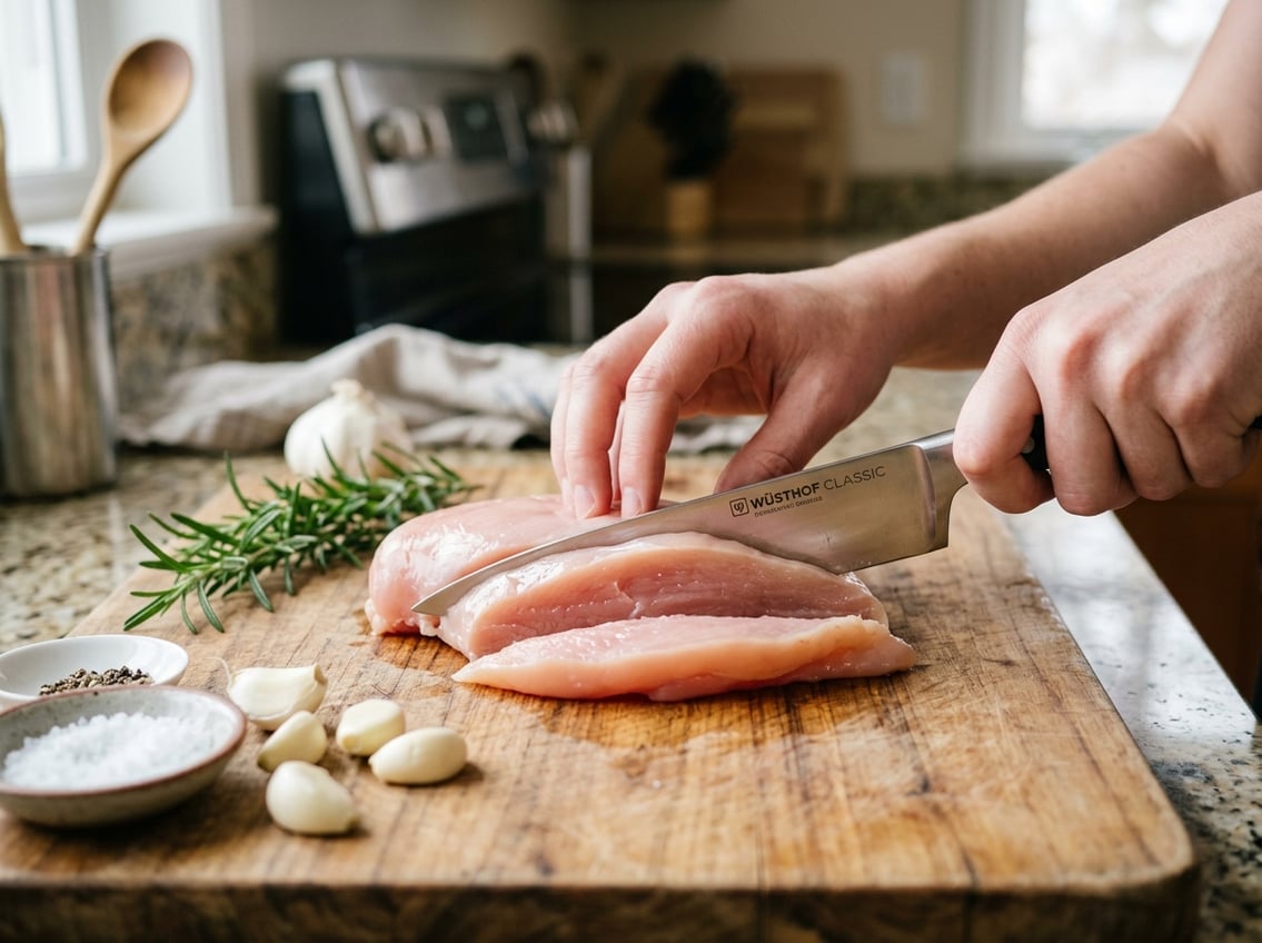 Close-up of a raw chicken breast being sliced horizontally on a wooden cutting board with fresh herbs and garlic nearby.