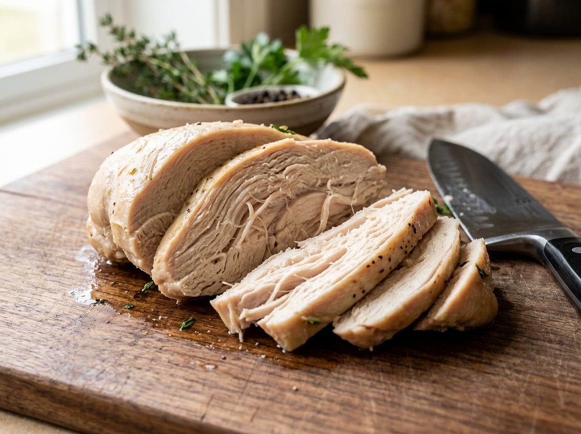 Close-up of a sliced cooked chicken breast showing its stringy texture on a cutting board with herbs in the background.