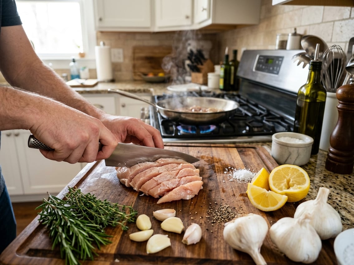 Hands slicing a thick chicken breast on a cutting board in a kitchen with fresh ingredients and a stove in the background.