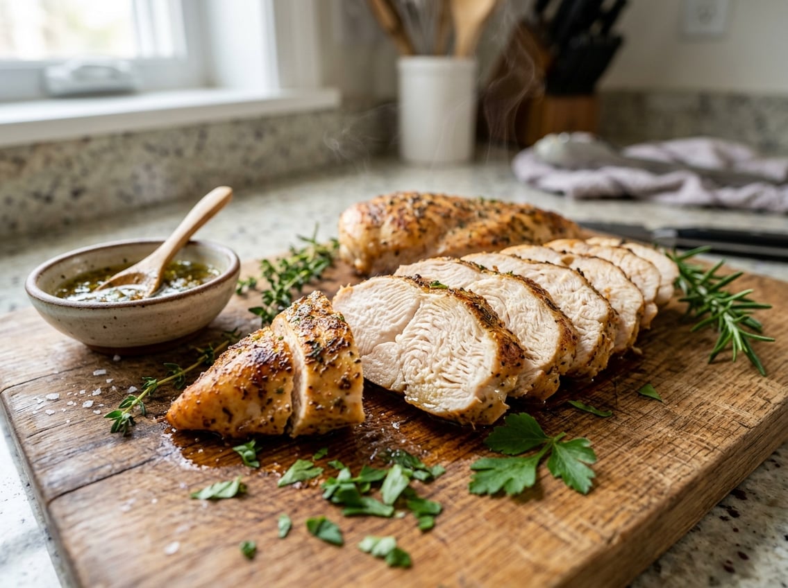 Close-up of sliced cooked chicken breast showing stringy texture on a wooden cutting board with herbs and a bowl of sauce nearby.