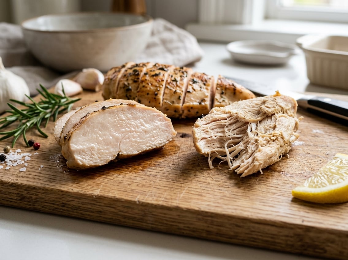 Close-up of sliced cooked chicken breast on a cutting board, showing one piece with smooth texture and another with stringy texture, surrounded by fresh herbs and lemon.