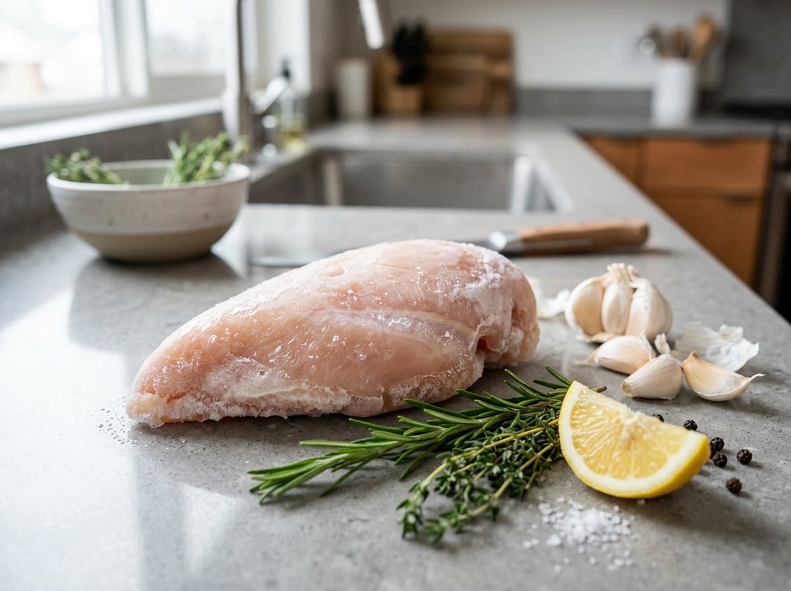 A raw chicken breast partially frozen with frost on a kitchen countertop surrounded by herbs, garlic, and lemon.