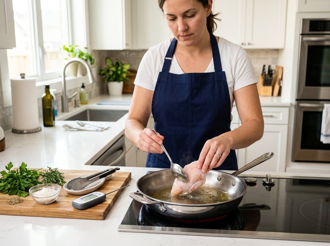 A person placing a frozen chicken breast into a frying pan in a bright kitchen with cooking utensils nearby.