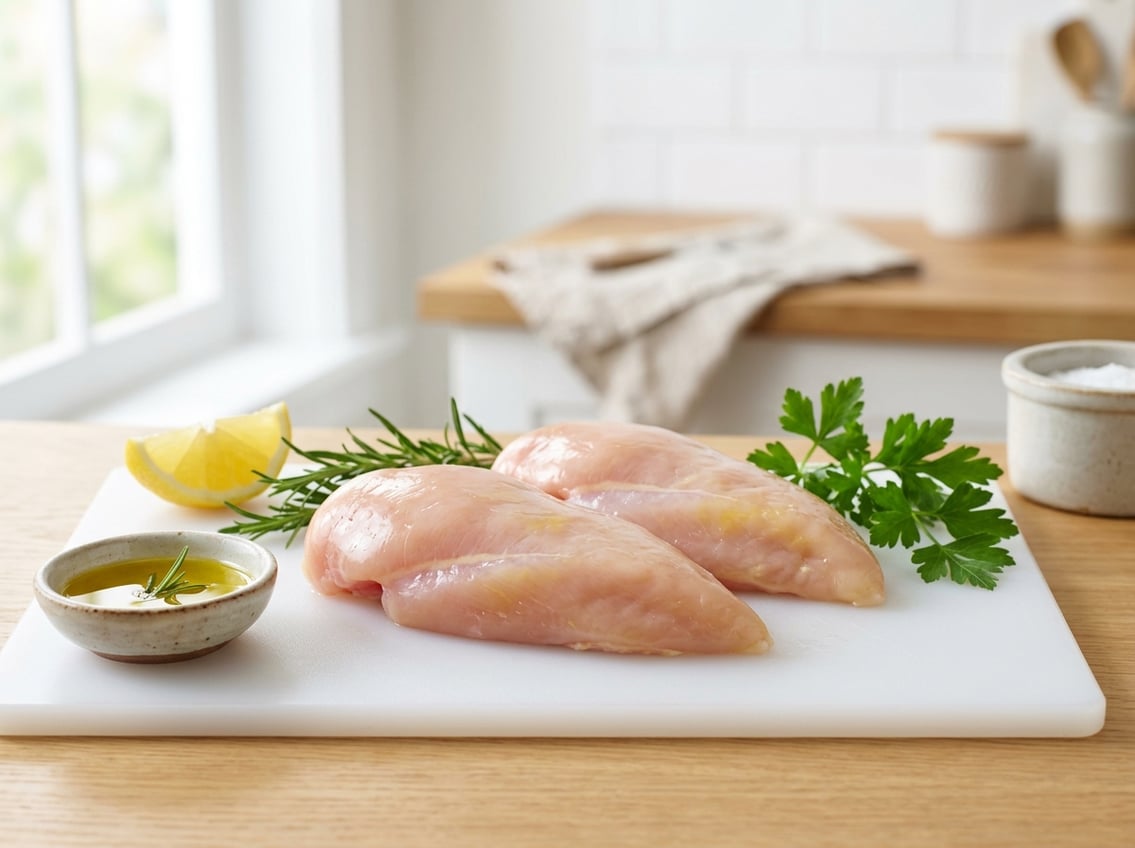 Raw chicken breasts with a slight yellow tint on a white cutting board surrounded by fresh herbs and lemon in a bright kitchen.