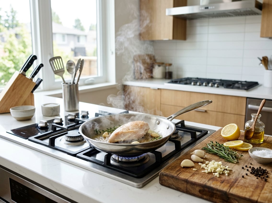A kitchen scene showing chicken breast cooking in a frying pan surrounded by fresh ingredients on a countertop.
