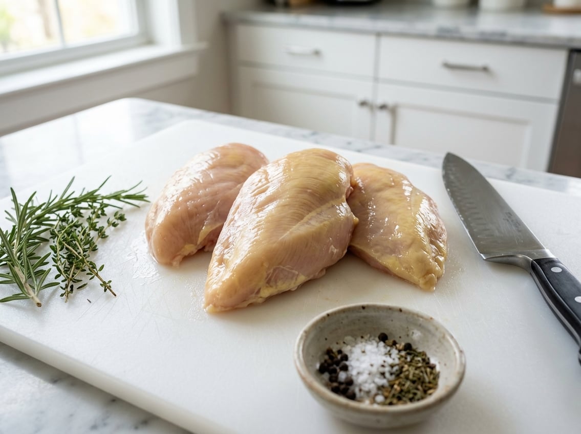 Close-up of raw chicken breasts with a yellow tint on a white cutting board surrounded by herbs and kitchen utensils.