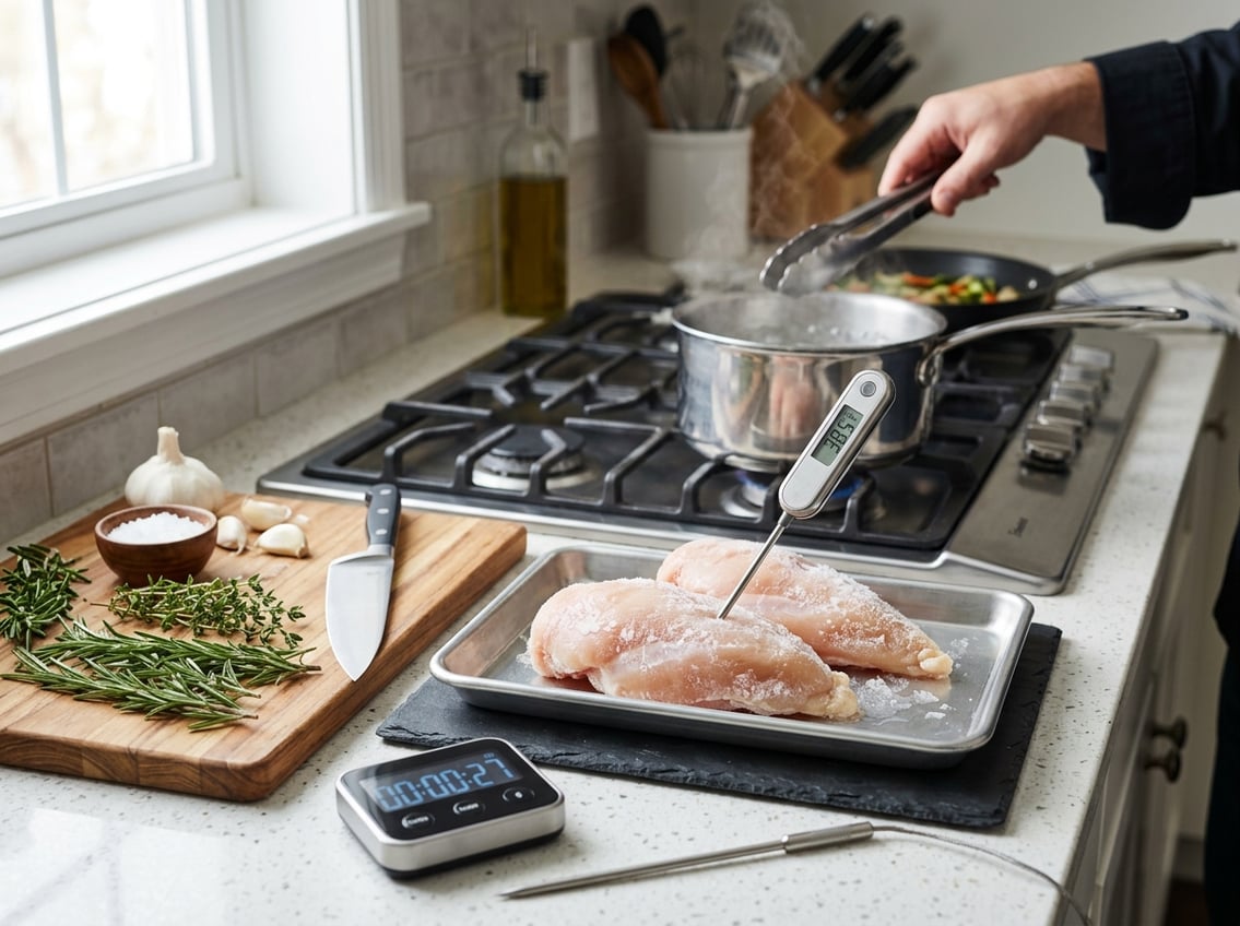 Close-up of partially frozen raw chicken breasts on a kitchen counter with a meat thermometer, timer, fresh herbs, and a stovetop in the background.