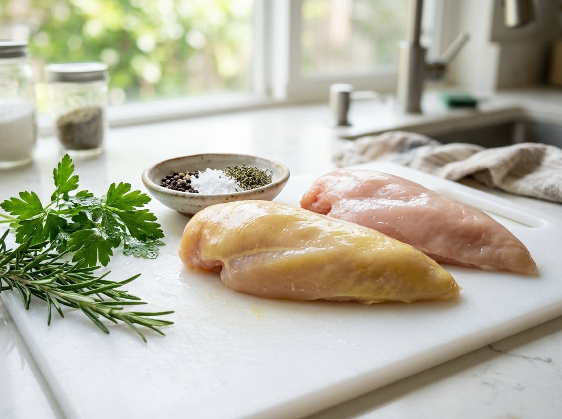 Close-up of raw chicken breasts with a slight yellow tint on a white cutting board, surrounded by fresh herbs and spices in a bright kitchen.