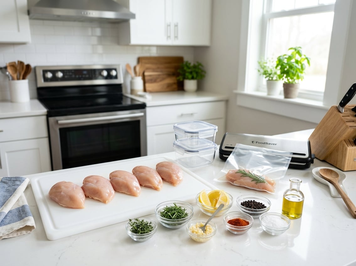 Raw chicken breasts on a cutting board with bowls of herbs, garlic, lemon, and spices on a kitchen countertop, alongside storage containers.