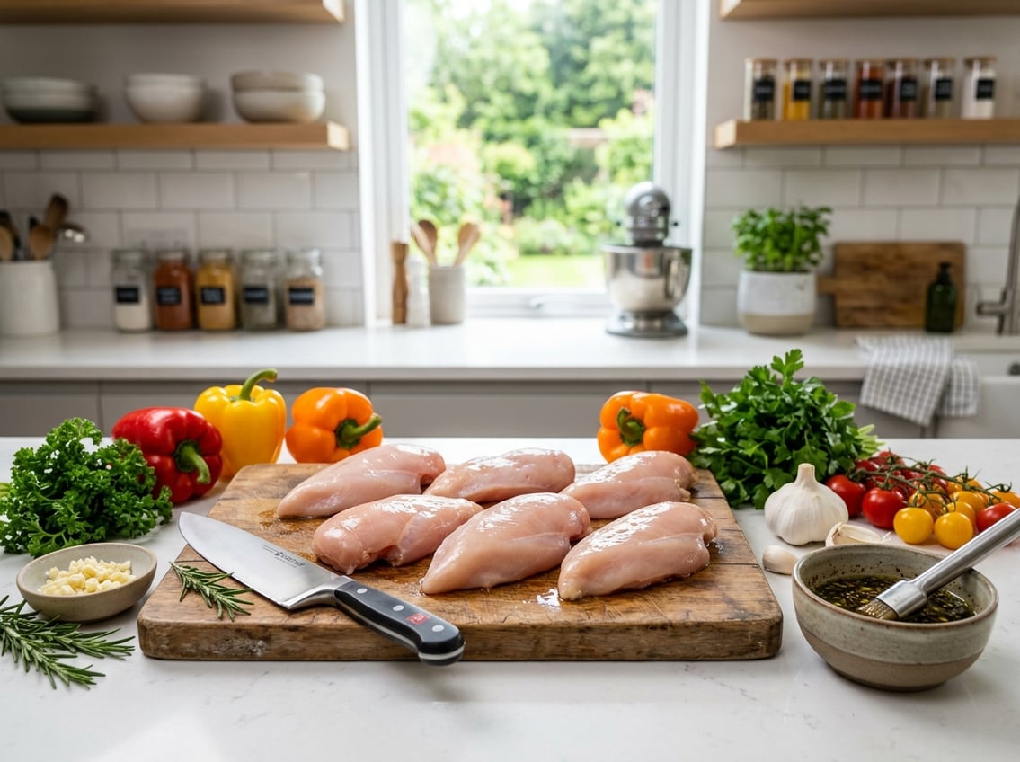 Fresh chicken breasts on a cutting board surrounded by vegetables and herbs in a bright kitchen.