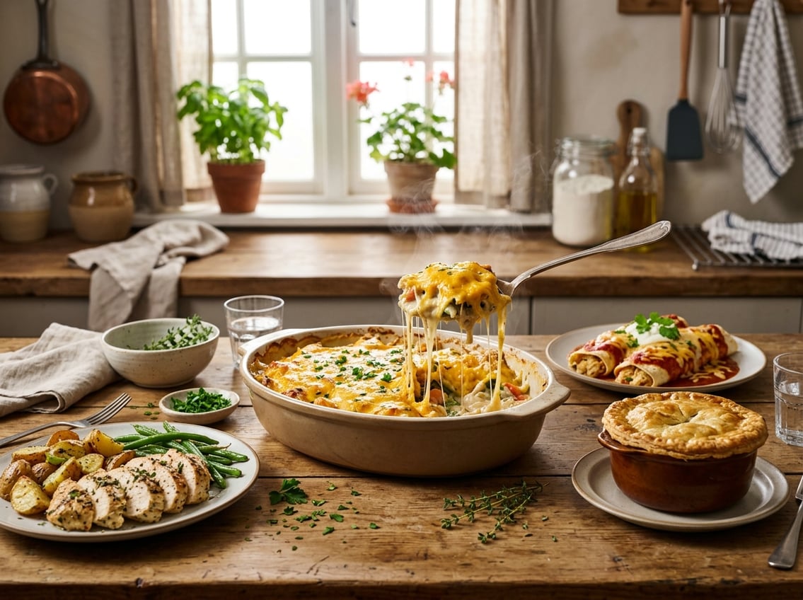 A kitchen table with several dishes made from chicken breasts, including a casserole with melted cheese stretching as a serving spoon lifts a portion.